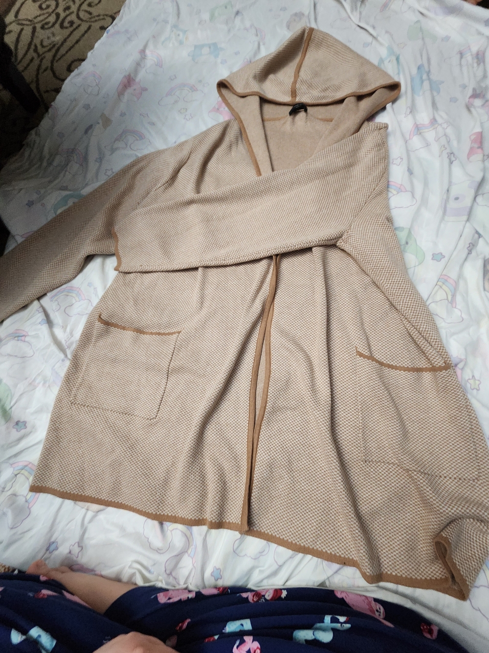 Adrienne Vittadini Hooded Open-Front Knit Cardigan in Beige with Tan Trim